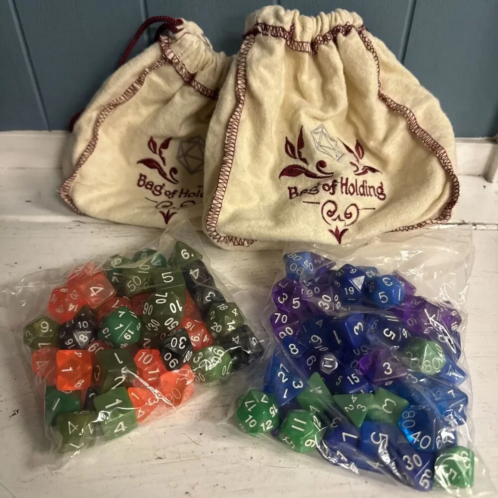 Bags Of Holding Green Blue Orange Purpl Polyhedral Dice Set DnD Dungeons Dragons